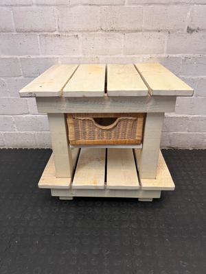 Rustic Slatted Bedside Table with Wicker Basket - Fair Condition - 2ndhandwarehouse.com