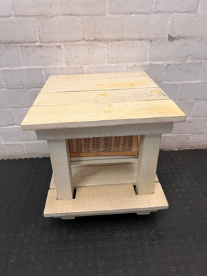 Rustic Slatted Bedside Table with Wicker Basket - Fair Condition - 2ndhandwarehouse.com
