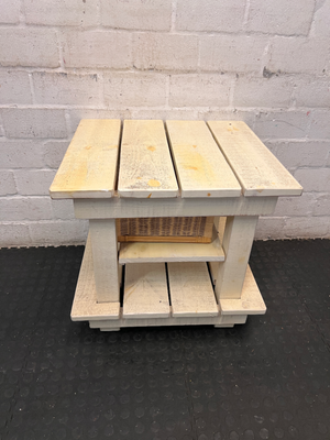 Rustic Slatted Bedside Table with Wicker Basket - Fair Condition - 2ndhandwarehouse.com