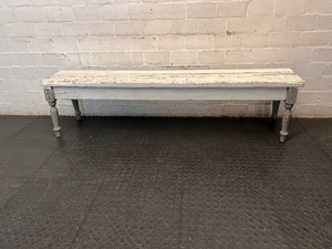 Rustic White Wooden Bench with Turned Legs — Weathered Surfaces and Peeling Paint