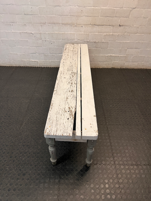 Rustic White Wooden Bench with Turned Legs — Weathered Surfaces and Peeling Paint
