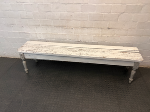 Rustic White Wooden Bench with Turned Legs — Weathered Surfaces and Peeling Paint