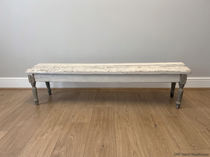 Rustic White Wooden Bench with Turned Legs — Weathered Surfaces and Peeling Paint