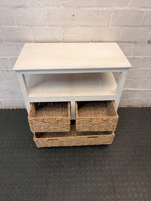 Rustic Wooden Storage Unit with Woven Wicker Baskets — Fair Condition with Worn Paint Finish