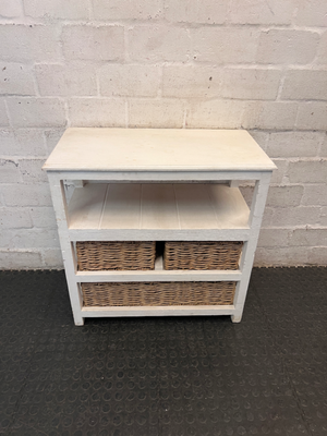 Rustic Wooden Storage Unit with Woven Wicker Baskets — Fair Condition with Worn Paint Finish
