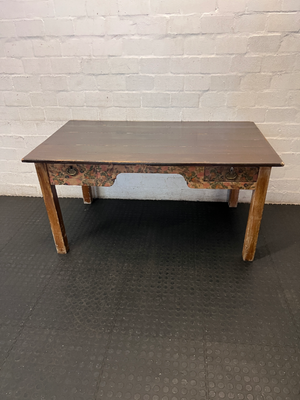 Rustic Wooden Table with Floral Detail - Well Used Condition - 2ndhandwarehouse.com