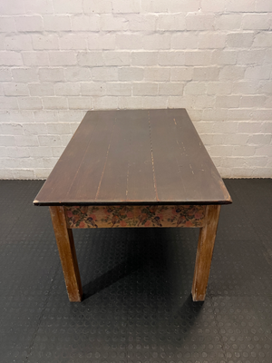 Rustic Wooden Table with Floral Detail - Well Used Condition - 2ndhandwarehouse.com