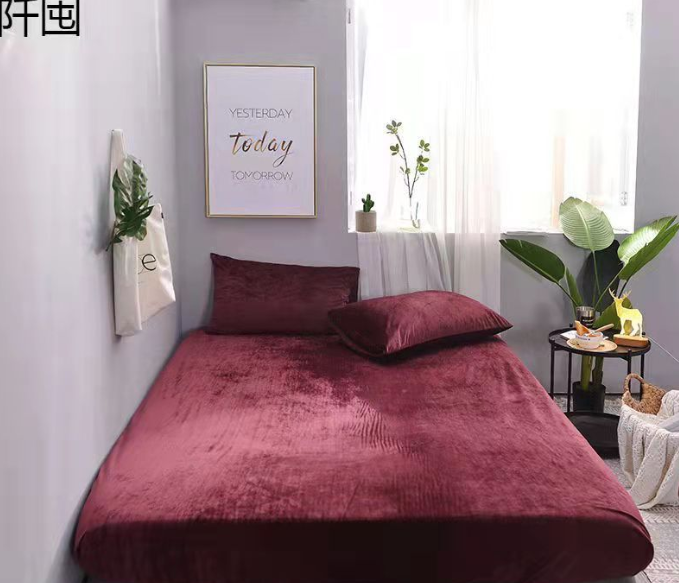 3 Pieces Colorful Velvet Fitted Sheet Queen Size with 2 Pillow Cases - Dark Maroon - Queen -