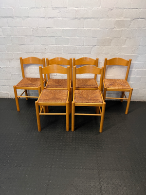 Set of 6 Woven Seat Dining Chairs - Well Used, Wood Scuffing & Worn Seats - 2ndhandwarehouse.com