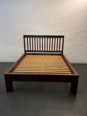 Slat-Back Dark Wood Queen Bed Frame — Very Good Condition