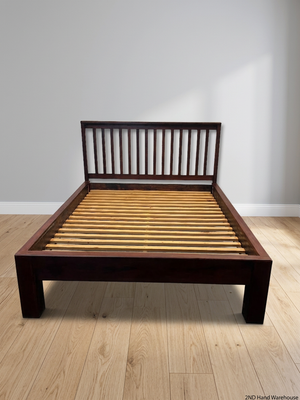 Slat-Back Dark Wood Queen Bed Frame — Very Good Condition