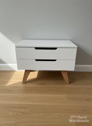 Sleek White 2-Drawer Nightstand with Tapered Wood Legs