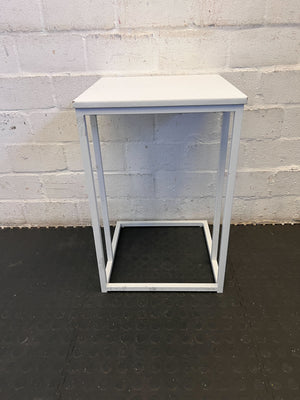 Sleek White Square Side Table with Metal Frame – Minor Wear
