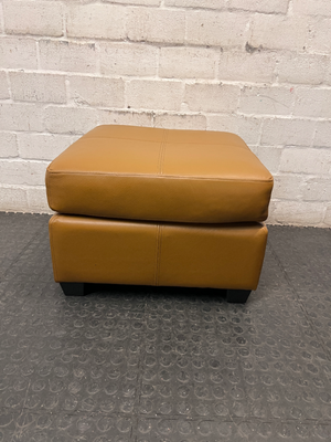 Square Tan Upholstered Ottoman with Block Feet — Good Used Condition