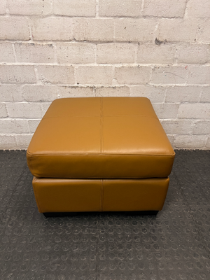 Square Tan Upholstered Ottoman with Block Feet — Good Used Condition