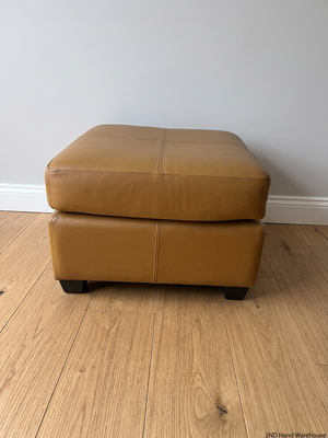 Square Tan Upholstered Ottoman with Block Feet — Good Used Condition