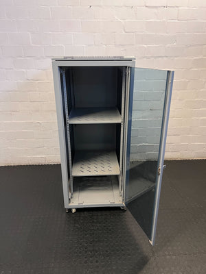 Stylish Gray Metal Storage Cabinet on Wheels with Glass Door - REDUCED