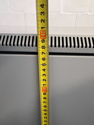 Stylish Gray Metal Storage Cabinet on Wheels with Glass Door - REDUCED