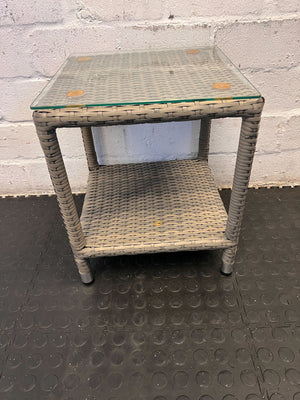 Stylish Gray Wicker Side Table with Glass Top – Minor Wear
