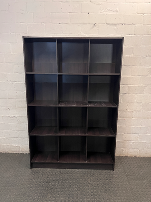 Tall Black 12-Compartment Shelving Unit — Fair Condition with Visible Surface Wear