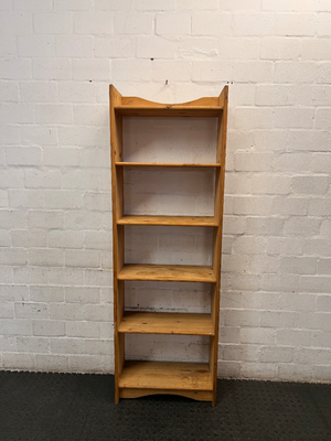 Tall Oak-Finish Six-Tier Wooden Bookshelf — Previous and Visible Wear