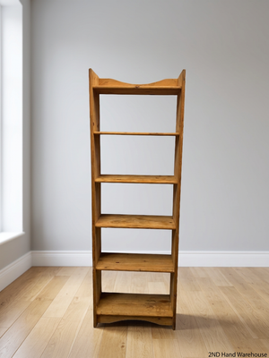 Tall Oak-Finish Six-Tier Wooden Bookshelf — Previous and Visible Wear