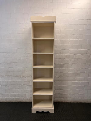 Tall Slender White Bookshelf with Scalloped Detail — Fair Used Condition