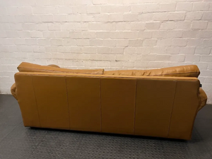 Tan 3 Seater Couch with Scrolled Arms and Stud Detail — Fair Condition