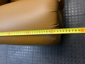 Tan 3 Seater Couch with Scrolled Arms and Stud Detail — Fair Condition