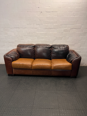 Three Seater Two-Tone Brown Leather Couch — Good Working Order