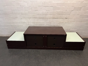 Tiered Wide Brown TV Unit with Glass Inlay — Well Used with Visible Wear