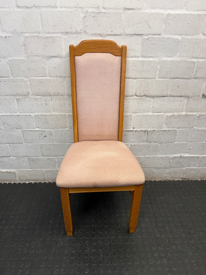 Traditional High-Back Upholstered Dining Chair in Oak Finish — Worn Condition