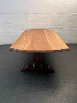 Two-Tone Wooden Trestle Dining Table — Visible Wear to Wood Surface
