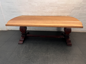 Two-Tone Wooden Trestle Dining Table — Visible Wear to Wood Surface