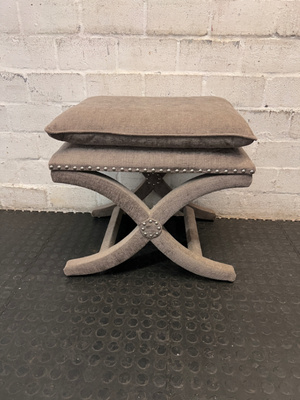 Upholstered X-Frame Ottoman with Nickel Stud Details — Tear and Marker Stains on Top Surface - 2ndhandwarehouse.com