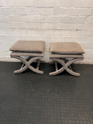 Upholstered X-Frame Ottoman with Nickel Stud Details — Tear and Marker Stains on Top Surface - 2ndhandwarehouse.com