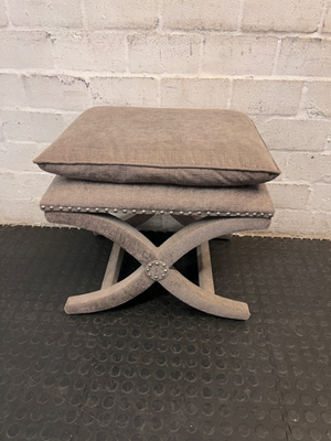 Upholstered X-Frame Ottoman with Nickel Stud Details — Tear and Marker Stains on Top Surface - 2ndhandwarehouse.com