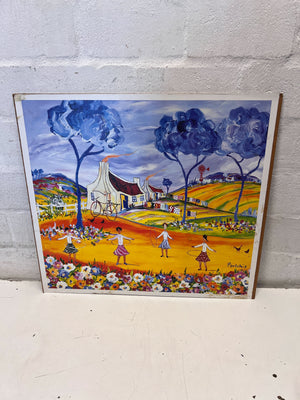 Vibrant Folk Art Rural Scene Painting - Children Playing by "Portchie" - 2ndhandwarehouse.com