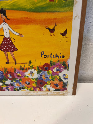 Vibrant Folk Art Rural Scene Painting - Children Playing by "Portchie" - 2ndhandwarehouse.com