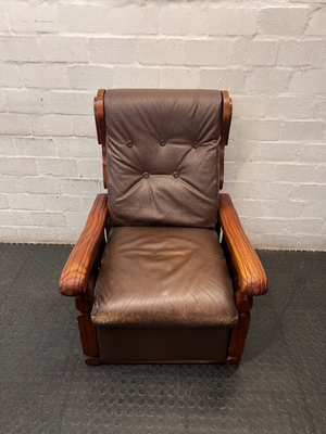 Vintage Brown Vinyl Armchair with Wooden Armrests — Significant Wear and Scratching on Front Edges