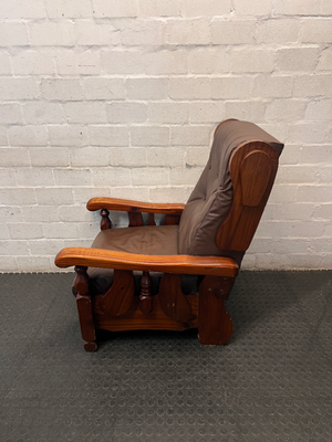 Vintage Brown Vinyl Armchair with Wooden Armrests — Significant Wear and Scratching on Front Edges