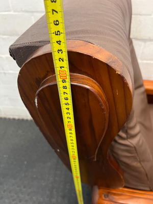 Vintage Brown Vinyl Armchair with Wooden Armrests — Significant Wear and Scratching on Front Edges