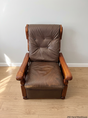Vintage Brown Vinyl Armchair with Wooden Armrests — Significant Wear and Scratching on Front Edges