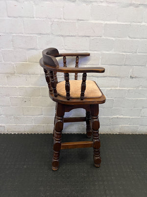 Vintage Captain's Style Wooden Bar Stool with Upholstered Seat