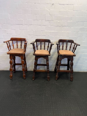 Vintage Captain's Style Wooden Bar Stool with Upholstered Seat