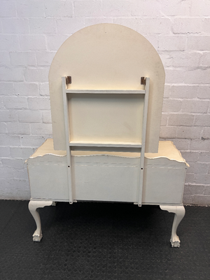 Vintage Cream Wooden Dressing Table with Arched Mirror — Structurally Good with Cosmetic Damage