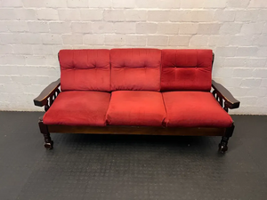 Vintage Dark Wood 3-Seater Sofa in Red - Wear on Armrests - 2ndhandwarehouse.com