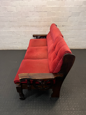 Vintage Dark Wood 3-Seater Sofa in Red - Wear on Armrests - 2ndhandwarehouse.com