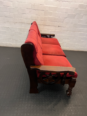 Vintage Dark Wood 3-Seater Sofa in Red - Wear on Armrests - 2ndhandwarehouse.com