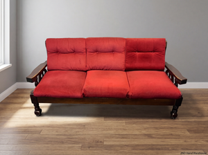 Vintage Dark Wood 3-Seater Sofa in Red - Wear on Armrests - 2ndhandwarehouse.com
